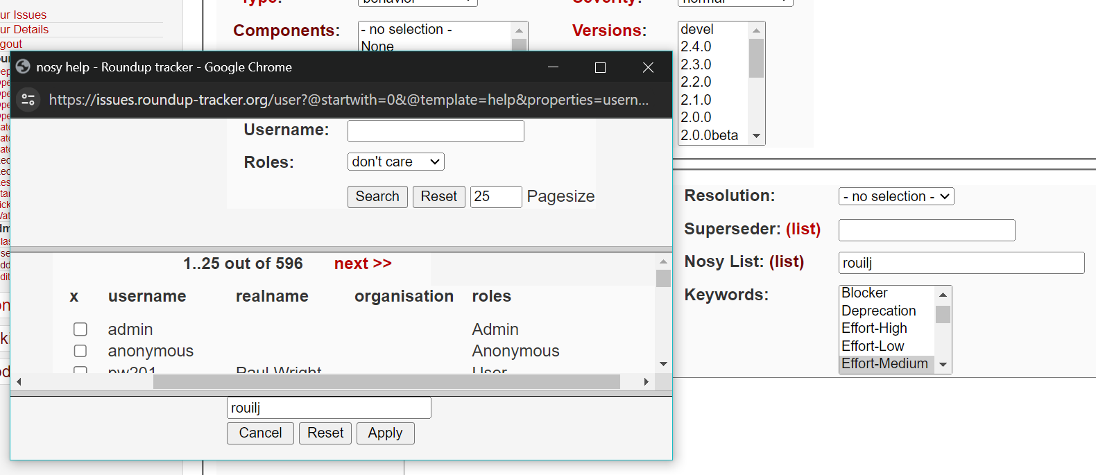 An issue page showing the link 'list' next to a field
labeled nosy. Partly covering the page is a new top level
window displaying the classhelper. The class helper is
made up of three frames. The top frame allows the user to
chose by username or role. The middle frame shows the
results and the bottom frame shows the list of selected
users.