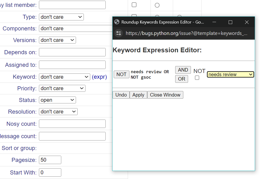 A search page showing the link 'expr' next to a field
labeled Keyword. Partly covering the page is a new top level
window displaying the expression creator. The expression
creator is displaying the current value of the boolean expression:
'needs review OR NOT gsoc' next to button for adding 'and', 'or',
'not' to the next keyword to be added.