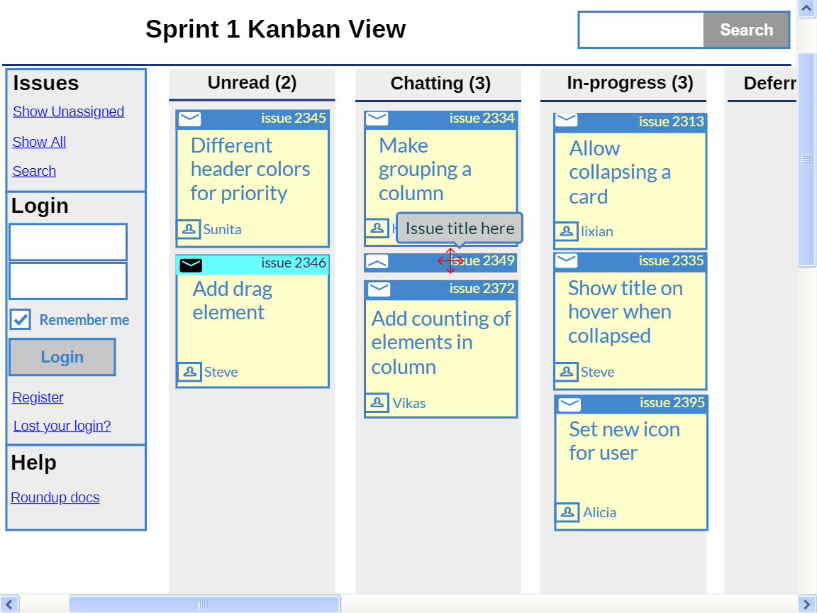 A display of cards grouped into columns. Each card represents
a single issue in the tracker. The columns are labeled by the
status (unread, chatting, in-progress, etc.) of the issue.