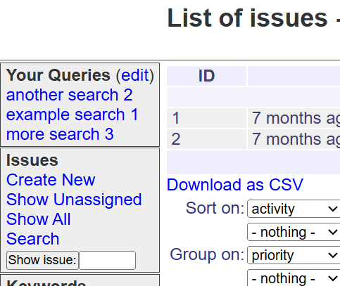 The sidebar of a roundup page
showing three saved queries under the header 'Your Queries'. The
numbers at the end of the query names indicates the order they
were created. The first query created is in the middle of the
three since it is named: example search 1. The name of the second
query is: another search 2, so it sorts before the first query.